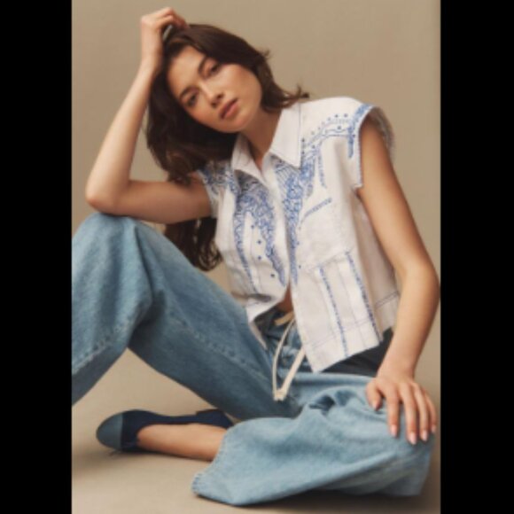 Brand New Maeve Short-Sleeve Collared Pleated Blouse - Picture 6 of 8